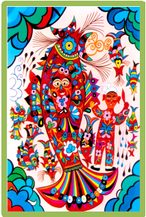 课件出示农民画《戏鱼》,引导学生大胆说说艺术作品中的鱼和自然界的