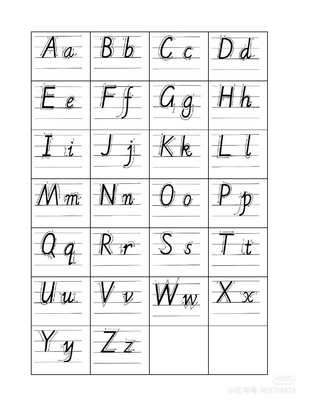 上两格,小写字母有规则;英语字母很重要,四线三格要记牢;书写26个字母